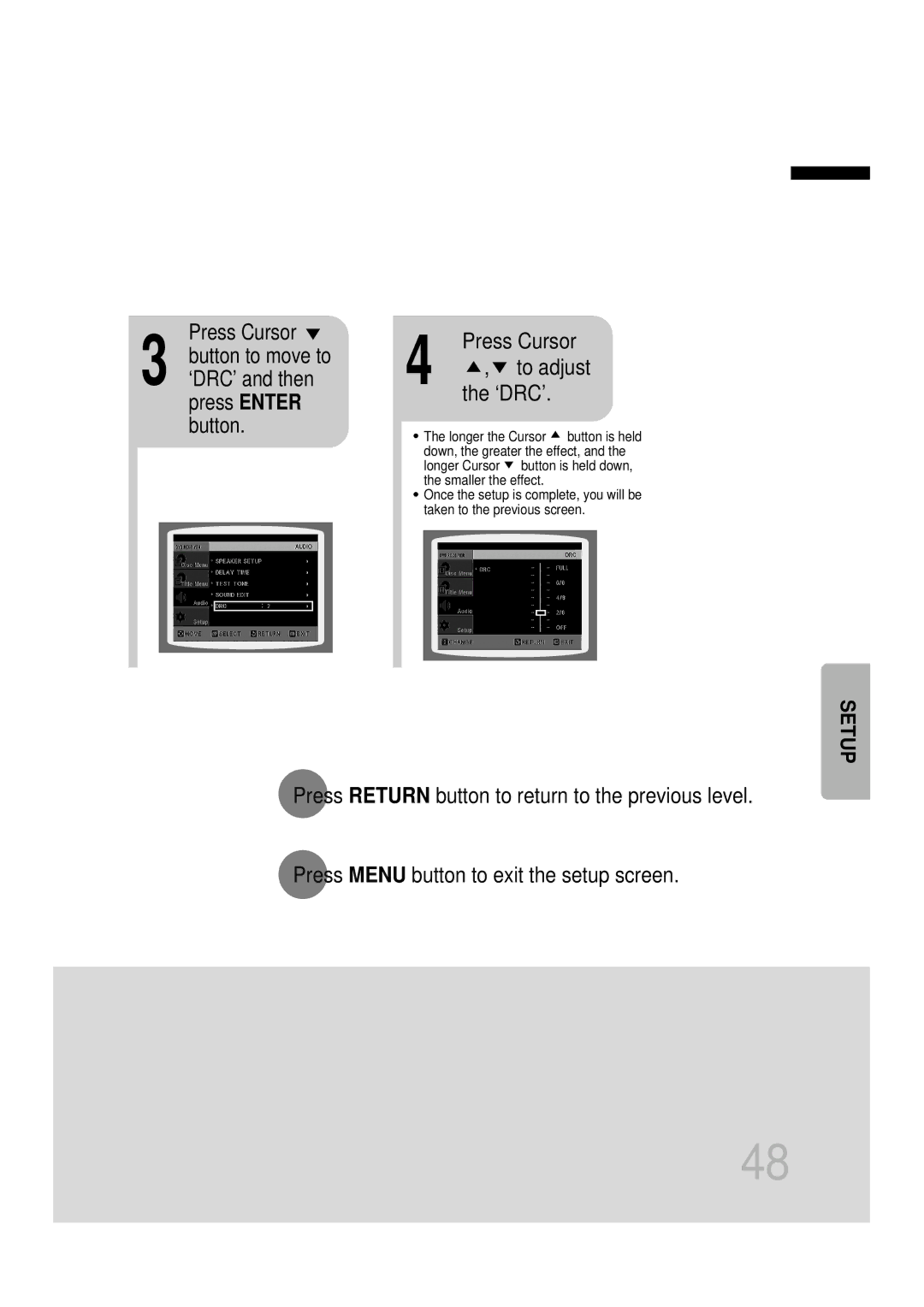 Samsung HTDB1750RH/EDC, HTDB1850RH/EDC manual ‘DRC’ and then press Enter button, To adjust the ‘DRC’.Press Cursor 