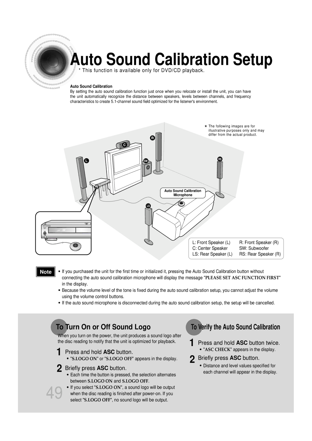 Samsung HTDB1750RH, HTDB1850RH/EDC manual To Turn On or Off Sound Logo, Press and hold ASC button, Briefly press ASC button 