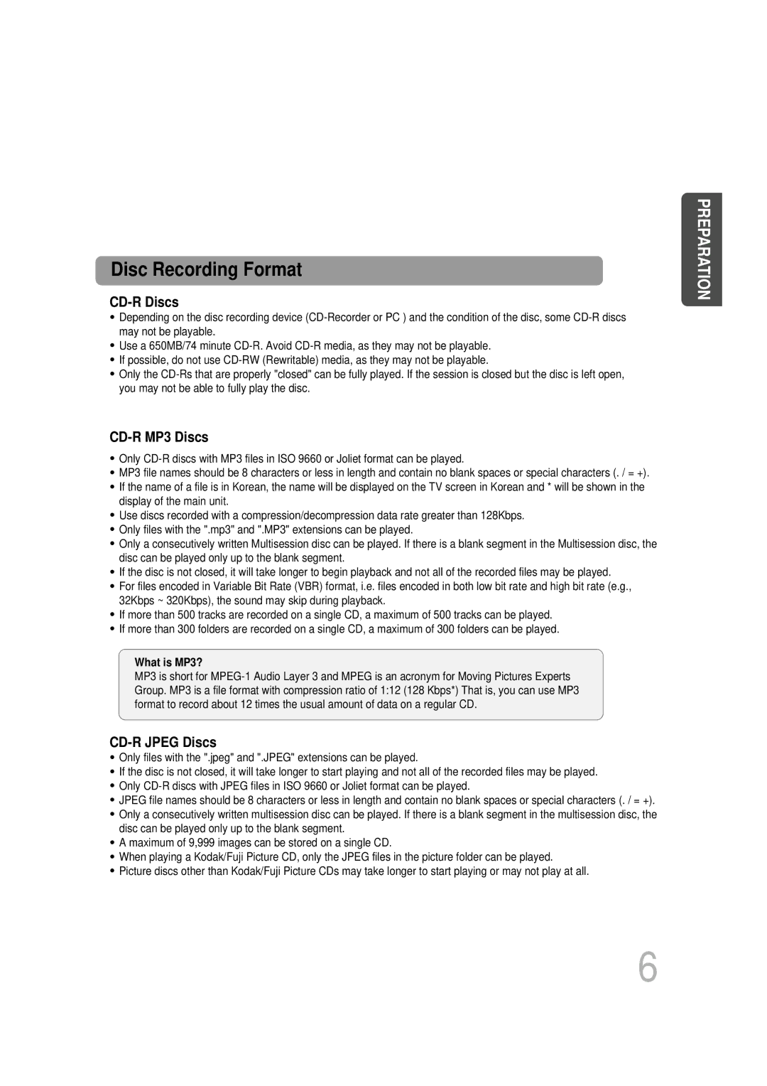 Samsung HTDB1750RH/EDC, HTDB1850RH/EDC manual Disc Recording Format 