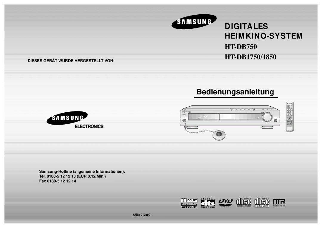 Samsung HTDB1750RH/EDC, HTDB1850RH/EDC manual Bedienungsanleitung, AH68-01286C 