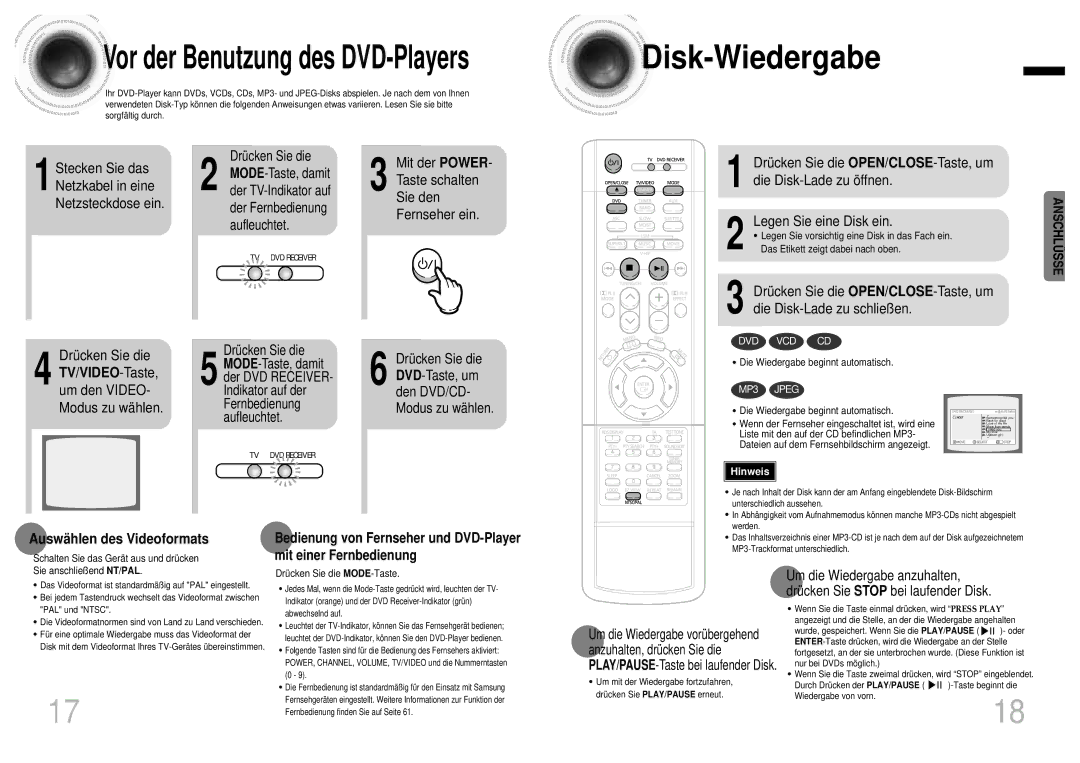 Samsung HTDB1850RH/EDC manual Disk -Wiedergabe, TV/VIDEO-Taste, um den VIDEO- Modus zu wählen, Auswä hlen des Videoformats 