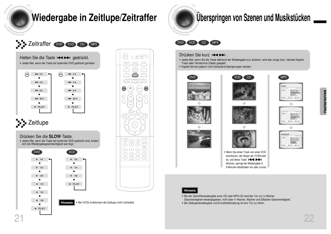 Samsung HTDB1850RH/EDC, HTDB1750RH/EDC Wiedergabe in Zeitlupe/Zeitraffer, Halten Sie die Taste gedrückt, Drücken Sie kurz 