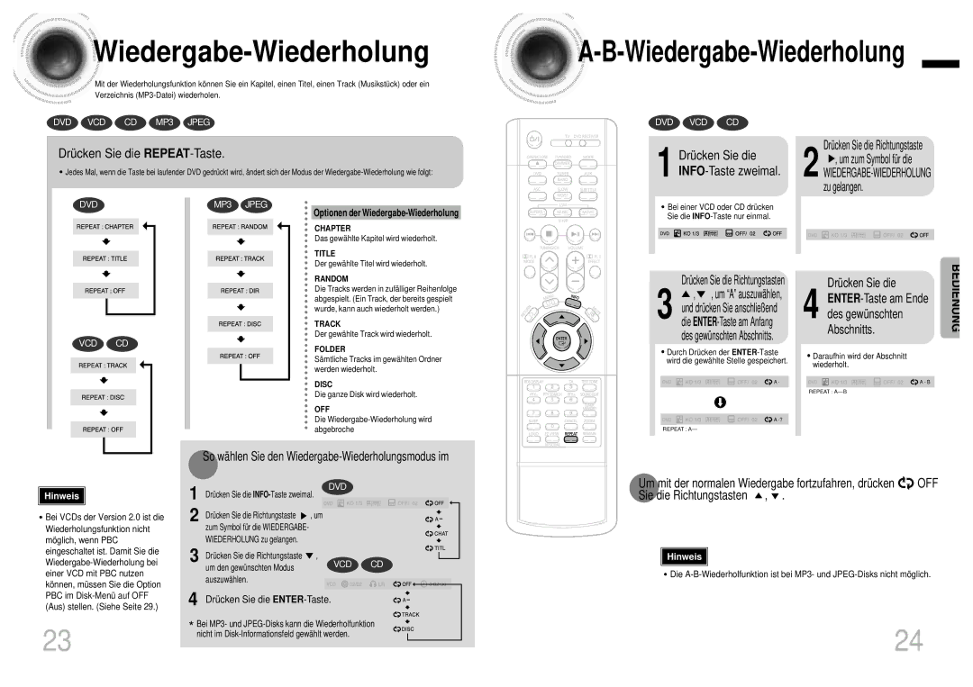 Samsung HTDB1750RH/EDC manual Wiedergabe -Wiederholung, Drücken Sie die REPEAT-Taste, Drücken Sie die INFO-Taste zweimal 