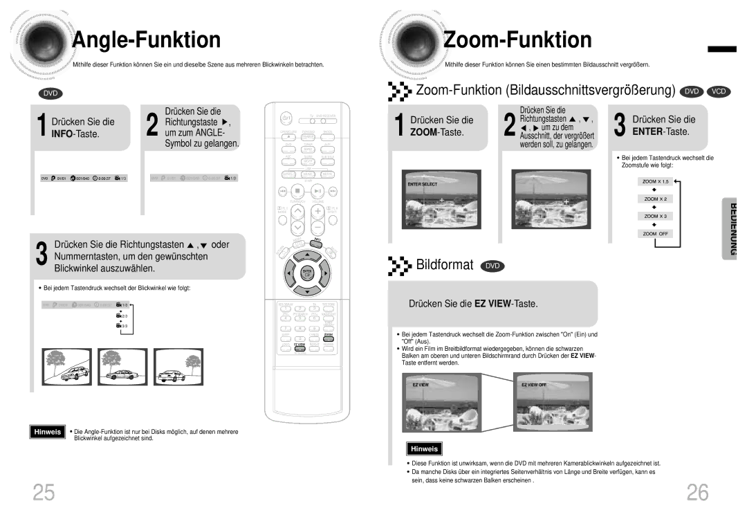 Samsung HTDB1850RH/EDC manual Angle -Funktion, Zoom -Funktion, Drücken Sie die ZOOM-Taste, Drücken Sie die ENTER-Taste 