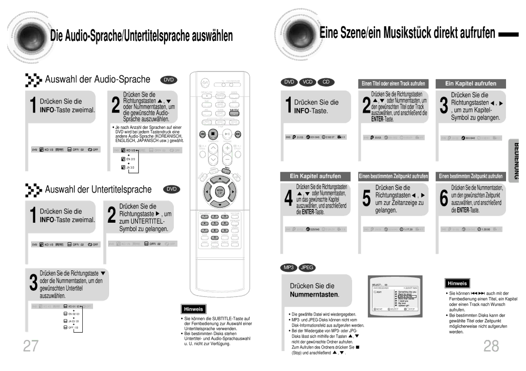 Samsung HTDB1750RH/EDC, HTDB1850RH/EDC manual 1Drücken Sie die INFO-Taste, INFO-Taste zweimal, Nummerntasten 