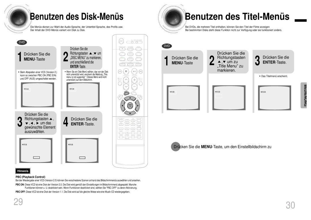 Samsung HTDB1850RH/EDC, HTDB1750RH/EDC Benutzen des Titel-Menü s, Benutzen des Disk-Menü s, Drücken Sie die MENU-Taste 