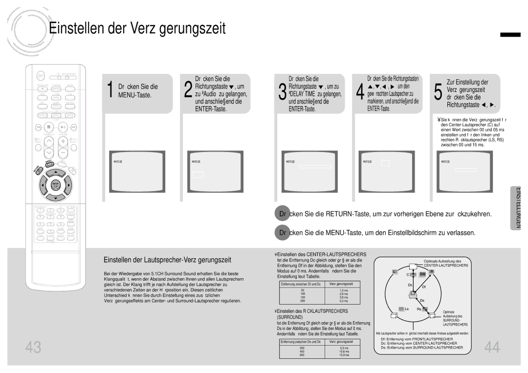 Samsung HTDB1750RH/EDC, HTDB1850RH/EDC manual Einstellen der Verzögerungszeit, Einstellen des CENTER-LAUTSPRECHERS 