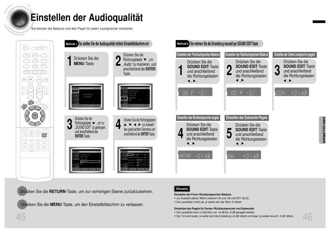 Samsung HTDB1850RH/EDC manual Drücken Sie die Sound EDIT-Taste, Sound EDIT-Taste und anschließ end die Richtungstasten 