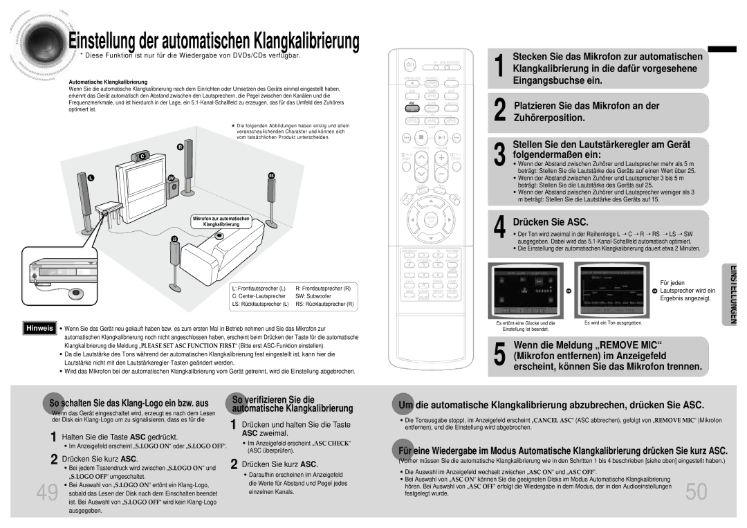 Samsung HTDB1850RH/EDC, HTDB1750RH/EDC manual Einstellung der automatischen Klangkalibrierung, Cken Sie ASC, Drü 