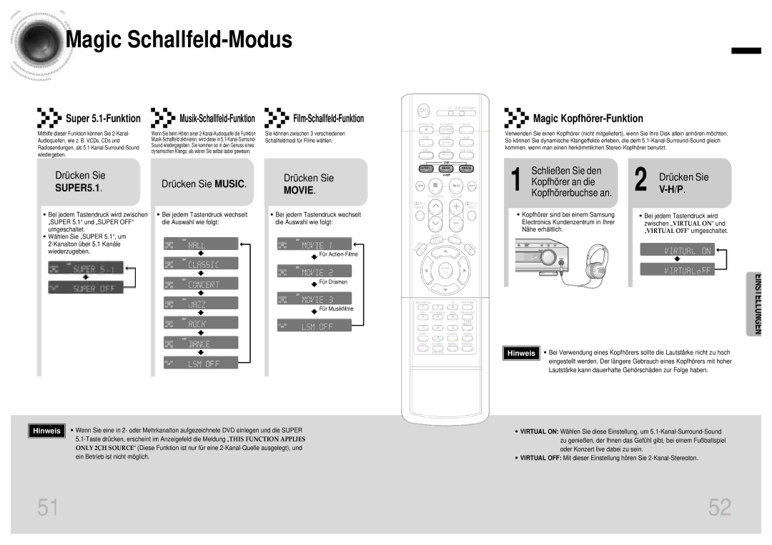 Samsung HTDB1750RH/EDC, HTDB1850RH/EDC manual Magic Kopfhö rer-Funktion, Drücken Sie Music, Super 5.1-Funktion 