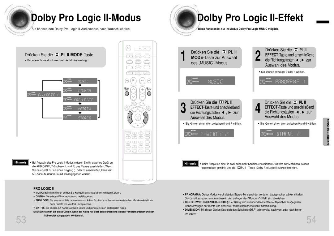 Samsung HTDB1850RH/EDC manual Dolby Pro Logic II-Modus, Dolby Pro Logic II-Effekt, Drücken Sie die PL II MODE-Taste, Zur 