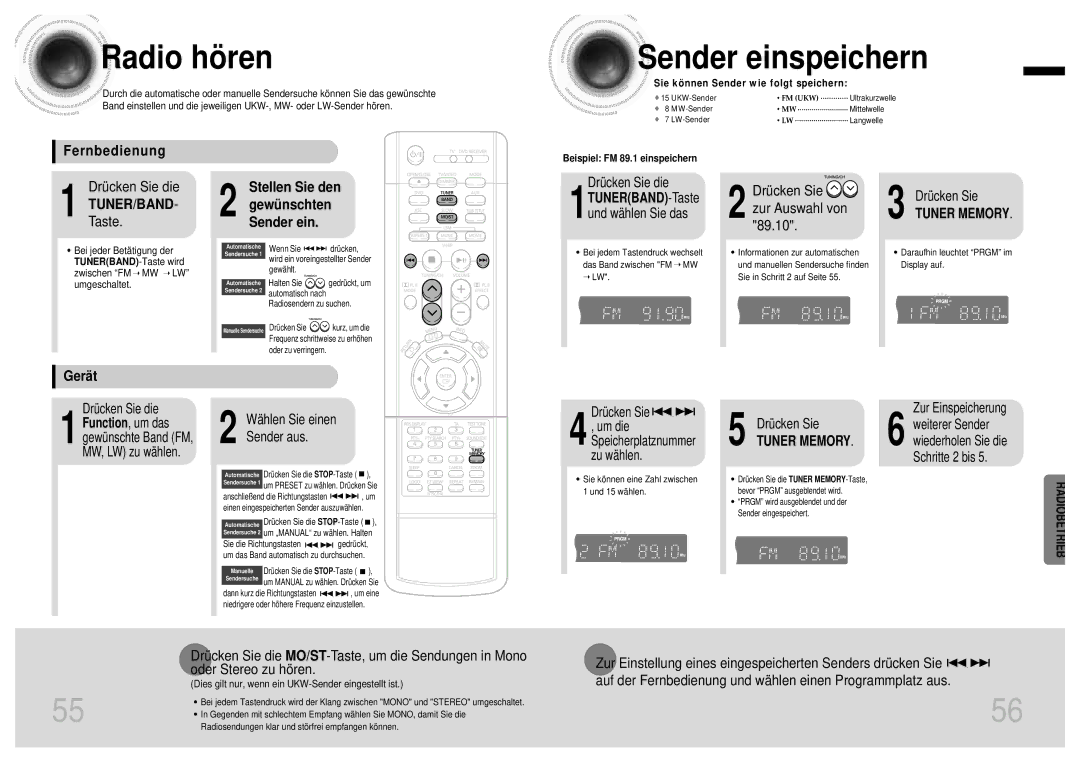 Samsung HTDB1750RH/EDC, HTDB1850RH/EDC manual Radio hö ren, Sender einspeichern, Fernbedienung, Gerä t 