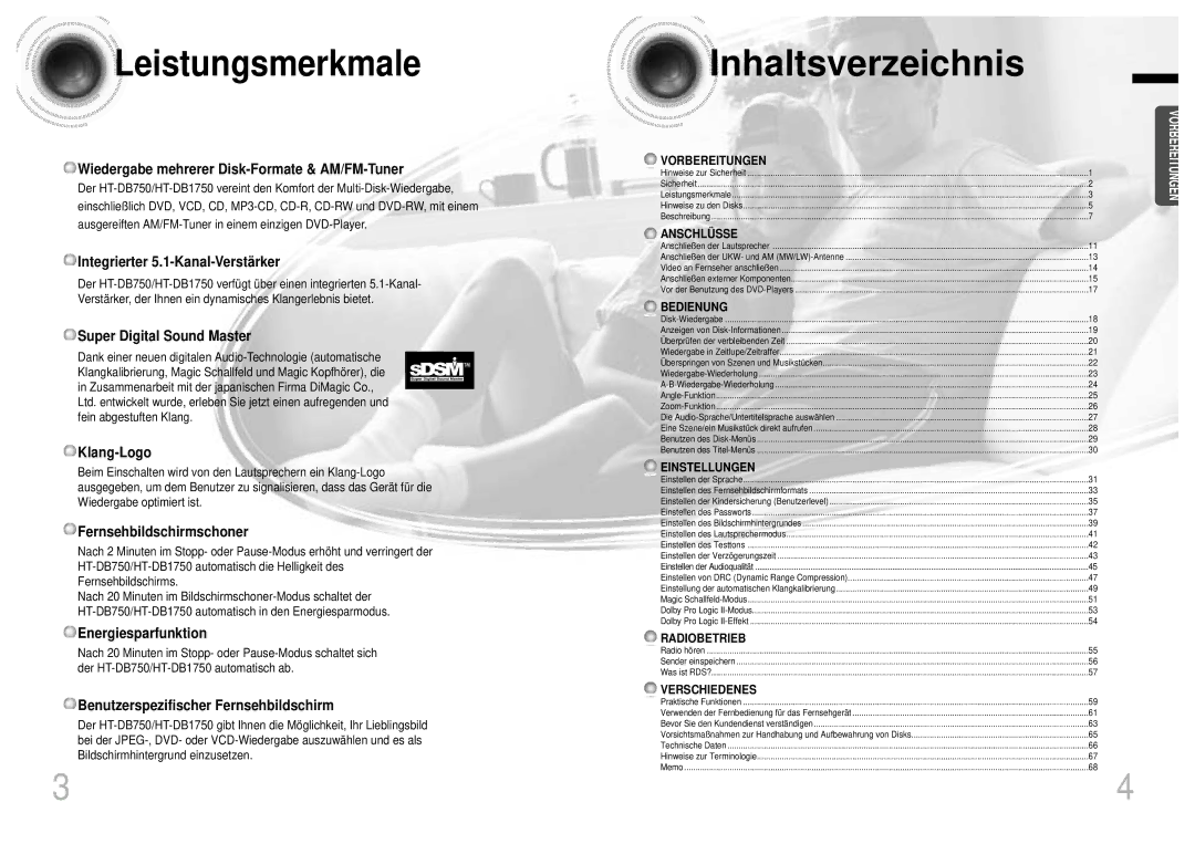 Samsung HTDB1750RH/EDC, HTDB1850RH/EDC manual Leistungsmerkmale 