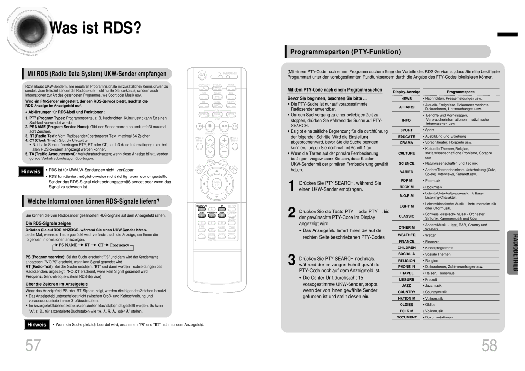 Samsung HTDB1850RH/EDC manual Was ist RDS?, Programmsparten PTY-Funktion, Mit RDS Radio Data System UKW-Sender empfangen 