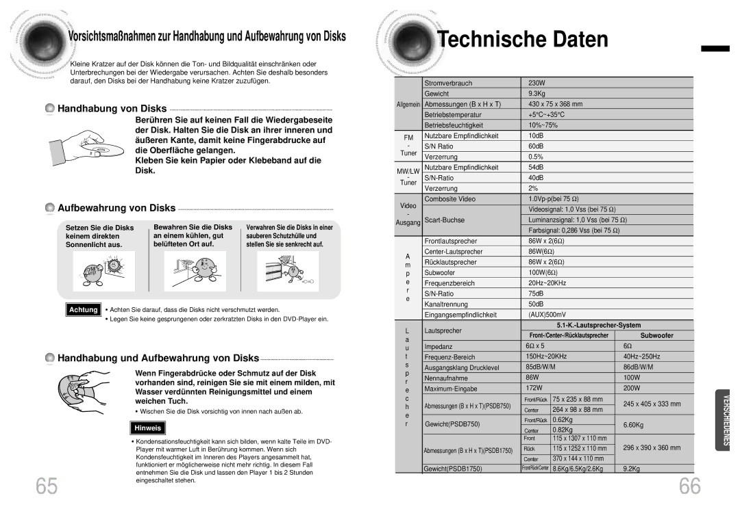 Samsung HTDB1850RH/EDC manual Technische Daten, Kleben Sie kein Papier oder Klebeband auf die Disk, Bewahren Sie die Disks 