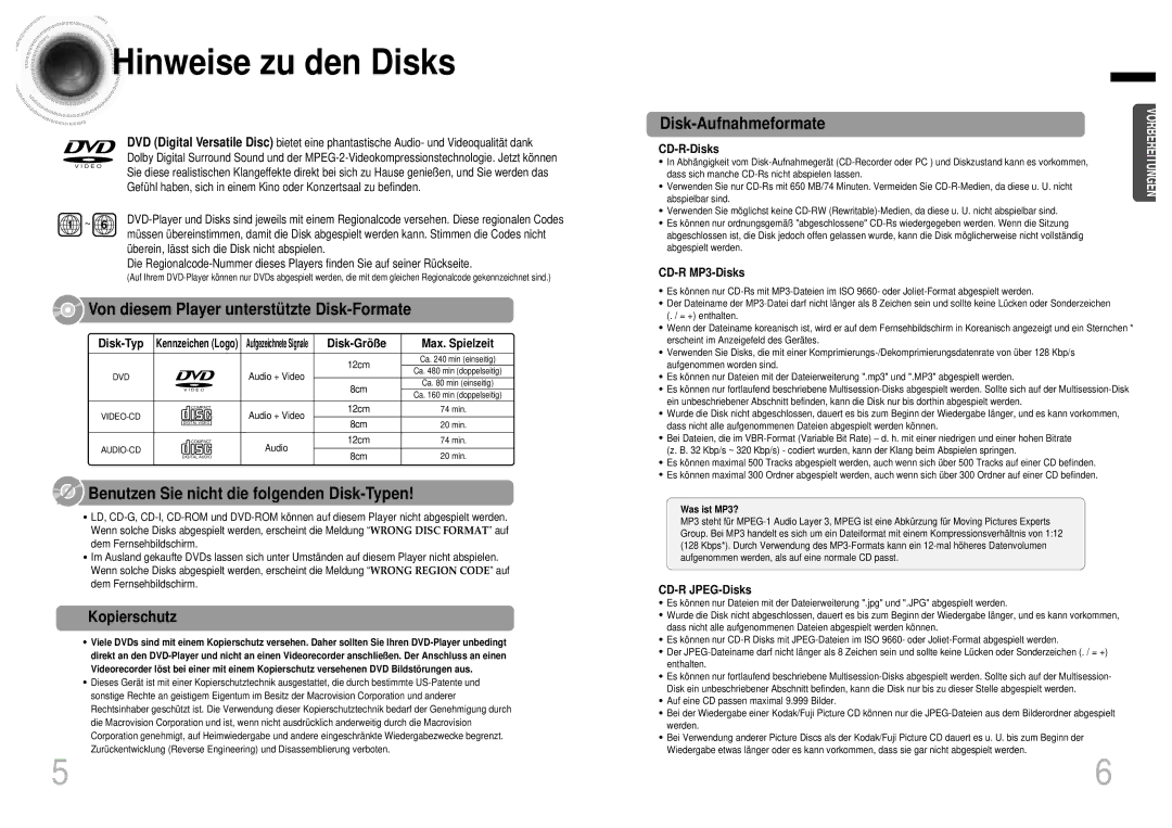 Samsung HTDB1850RH/EDC, HTDB1750RH/EDC manual Hinweise zu den Disks, Kopierschutz 