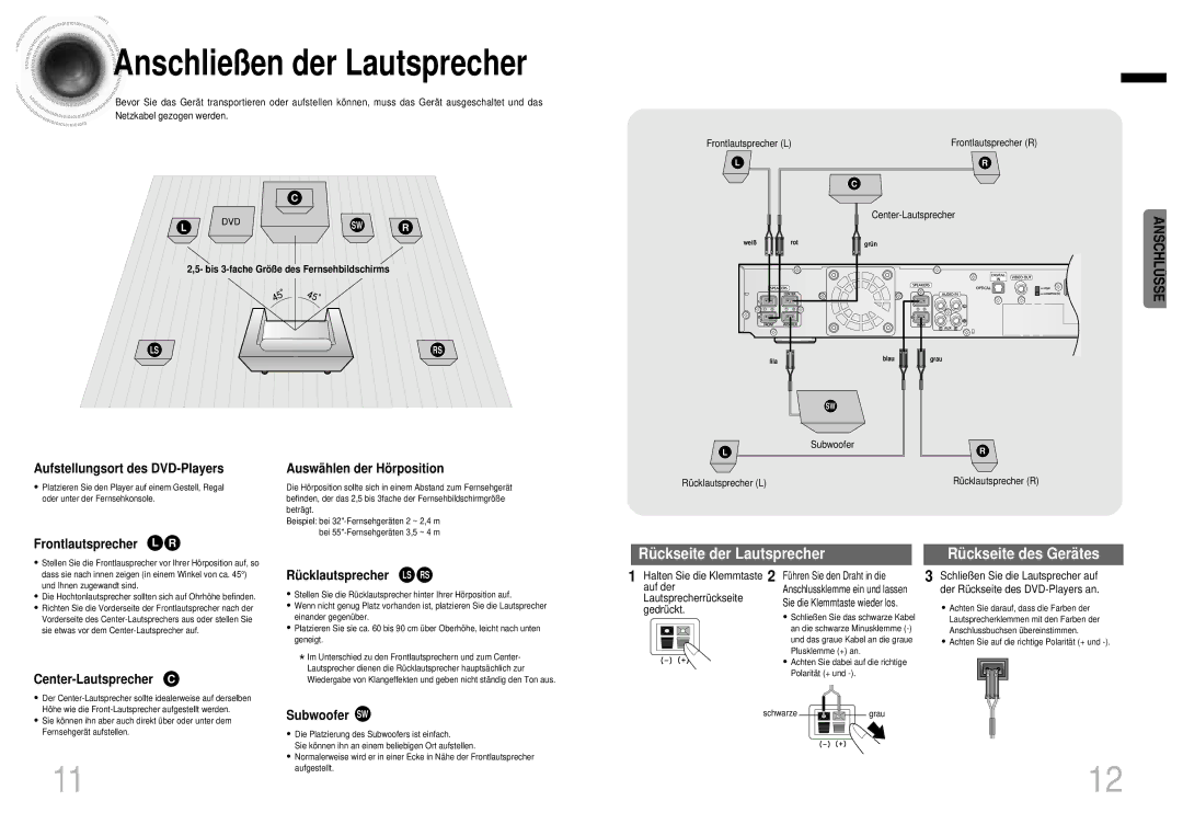 Samsung HTDB1750RH/EDC, HTDB1850RH/EDC manual Anschließen der Lautsprecher 