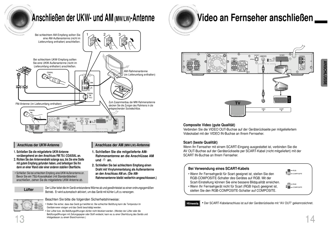 Samsung HTDB1850RH/EDC Anschließen der UKW- und AM MW/LW-Antenne, Composite Video gute Qualitä t, Scart beste Qualitä t 