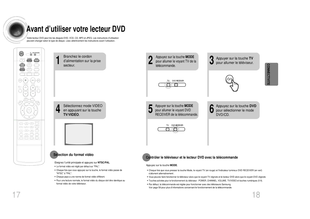 Samsung HTDB300RH/ELS manual Branchez le cordon ’alimentationsecteur. sur la prise, Sé lection du format vidé o 