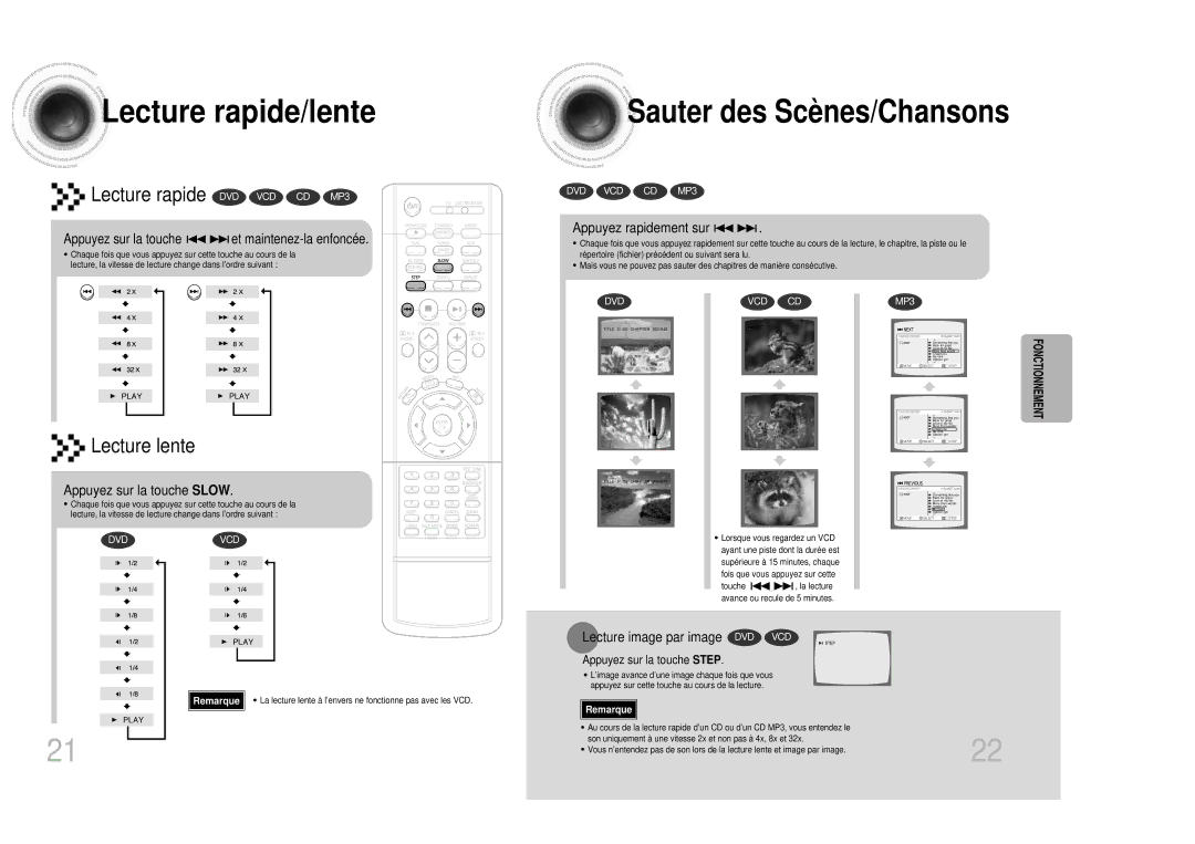 Samsung HTDB300RH Lecture rapide/lente, Sauter des Scè nes/Chansons, Appuyez sur la touche Slow, Appuyez rapidement sur 