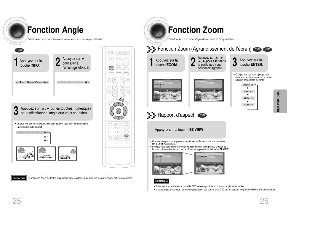 Samsung HTDB300RH/ELS manual Fonction Angle, Fonction Zoom 