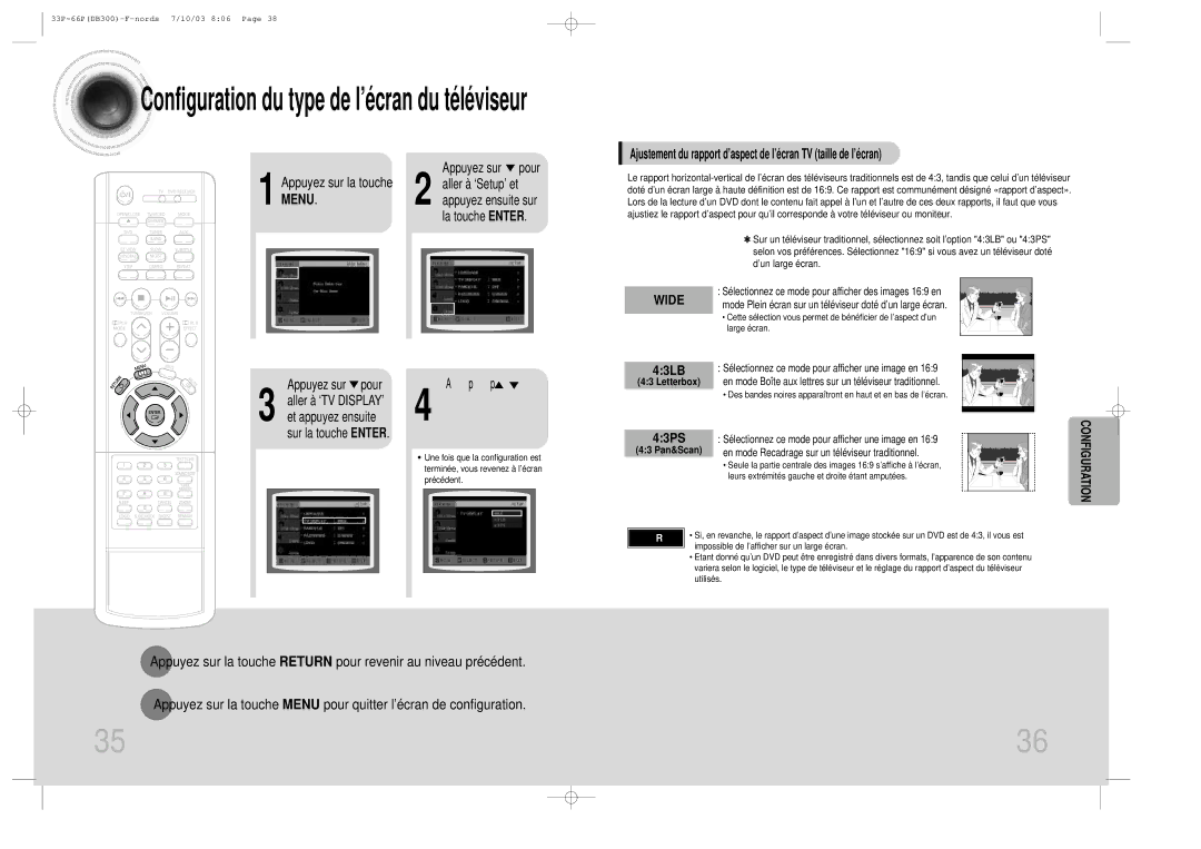 Samsung HTDB300RH/ELS manual 43LB, 43PS, Appuyez sur la touche, Letterbox, 43 Pan&Scan 