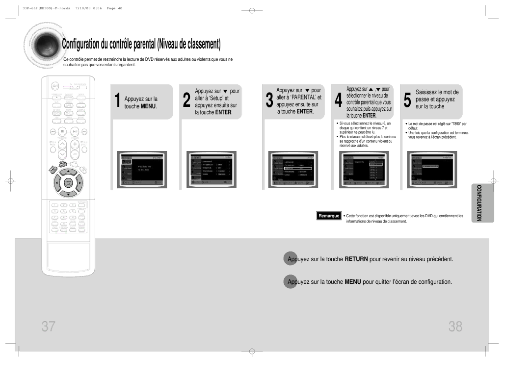 Samsung HTDB300RH/ELS manual Configuration du contrôle parental Niveau de classement, Appuyez sur la, Touche Menu 