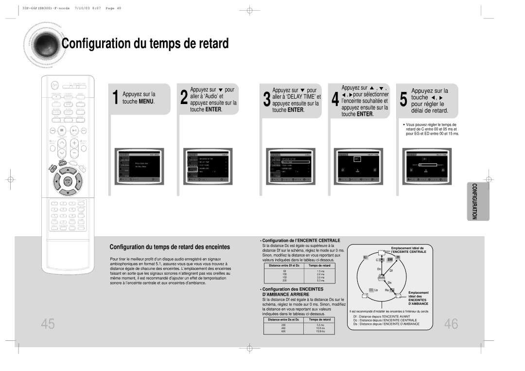 Samsung HTDB300RH Appuyez sur la Touche , pour régler le délai de retard, Configuration du temps de retard des enceintes 