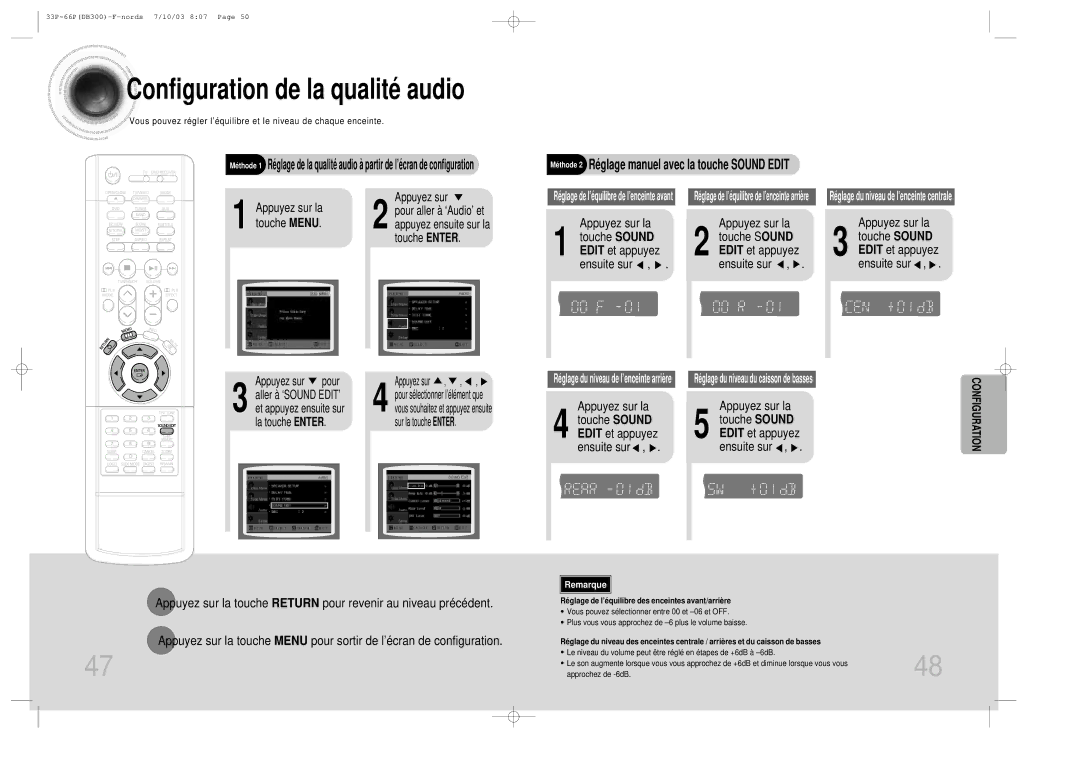 Samsung HTDB300RH/ELS manual Appuyez sur la Touche Sound Edit et appuyez, Ensuite sur 