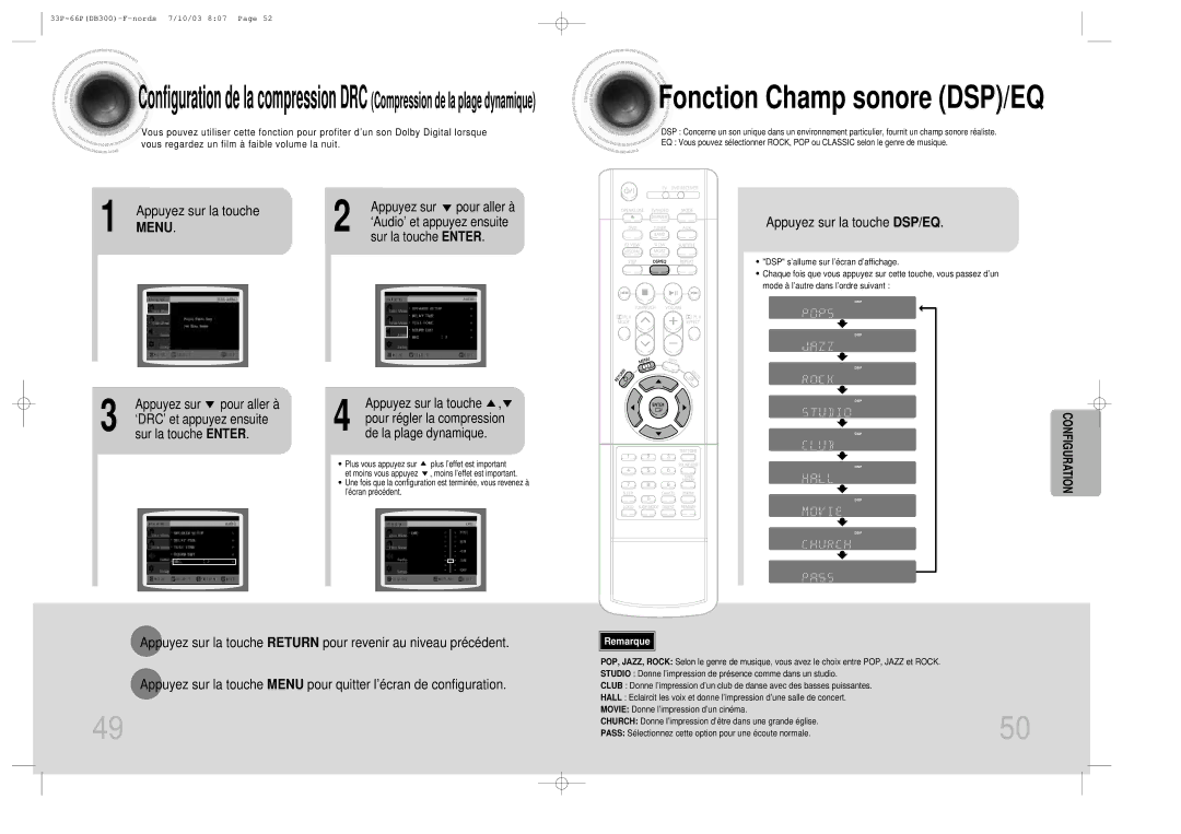 Samsung HTDB300RH/ELS manual Appuyez sur la touche DSP/EQ, ‘Audio’ et appuyez ensuite, Sur la touche Enter 