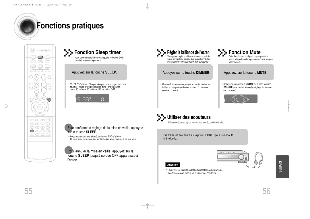 Samsung HTDB300RH/ELS manual Fonctions pratiques, Appuyez sur la touche Sleep, Appuyez sur la touche Dimmer 