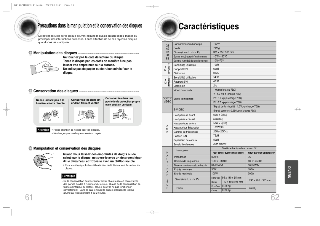 Samsung HTDB300RH/ELS manual Caracté ristiques, Manipulation et conservation des disques 