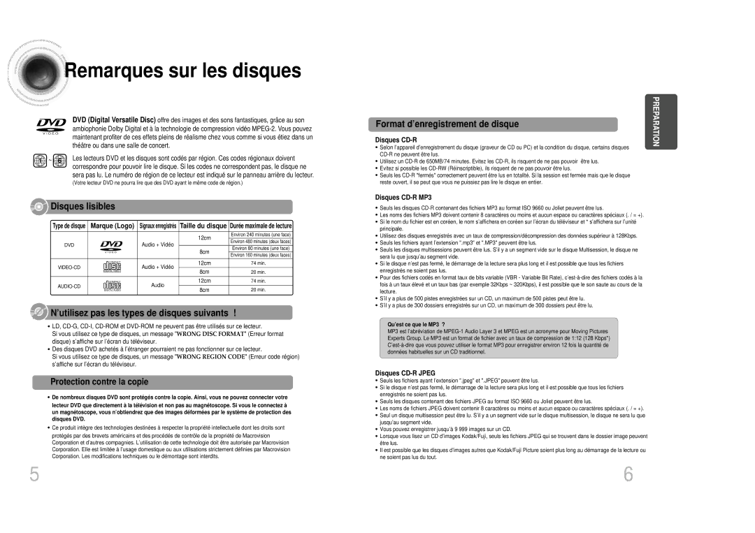 Samsung HTDB300RH/ELS manual Remarques sur les disques, Protection contre la copie 