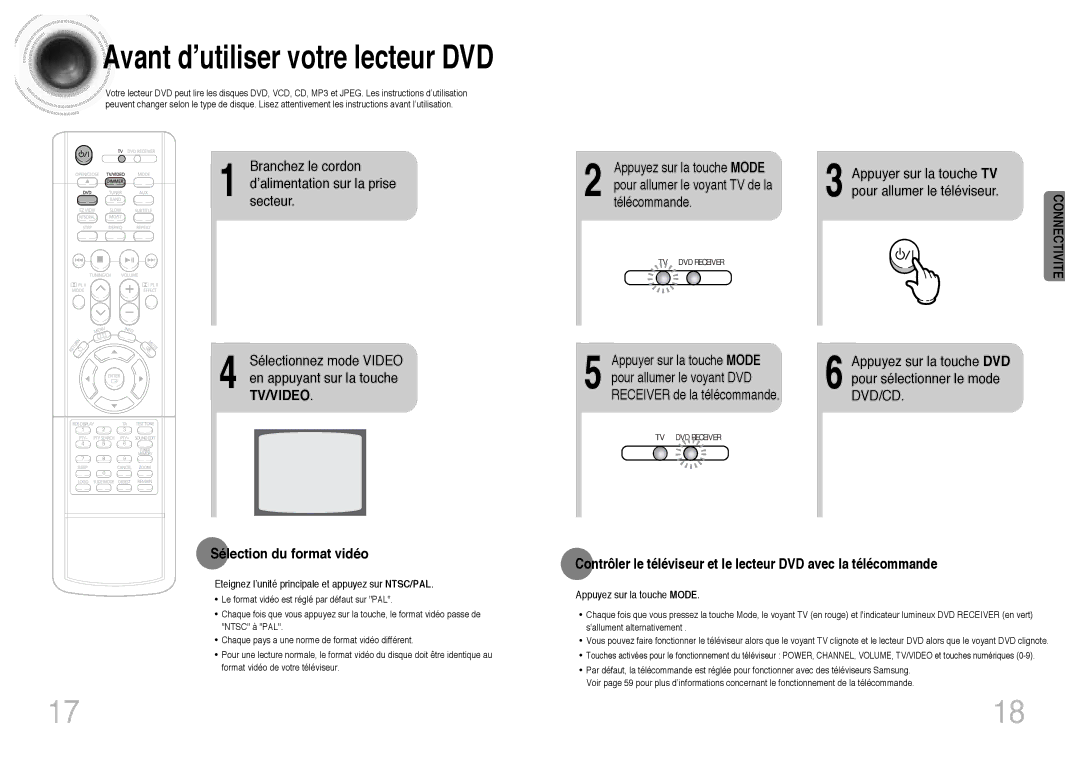 Samsung HTDB300RH/ELS manual Avant d’utiliser votre lecteur DVD, Branchez le cordon ’alimentationsecteur. sur la prise 