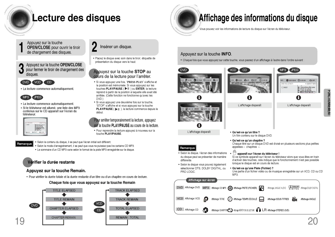 Samsung HTDB300RH/ELS manual Lecture des disques, Insérer un disque, Appuyez sur la touche Info 