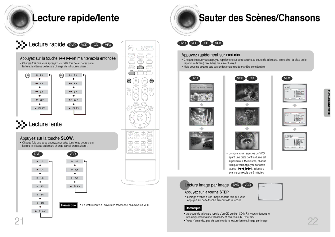 Samsung HTDB300RH/ELS manual Lecture rapide/lente, Sauter des Scènes/Chansons 