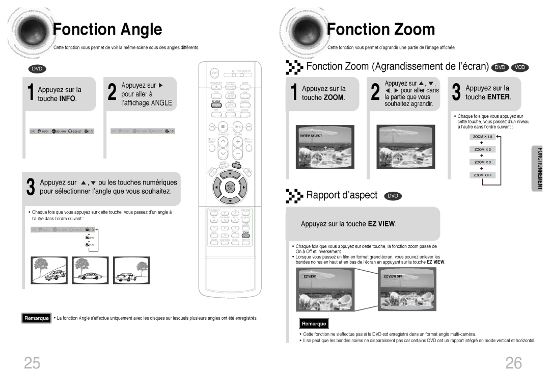 Samsung HTDB300RH/ELS manual Fonction Angle, Fonction Zoom 