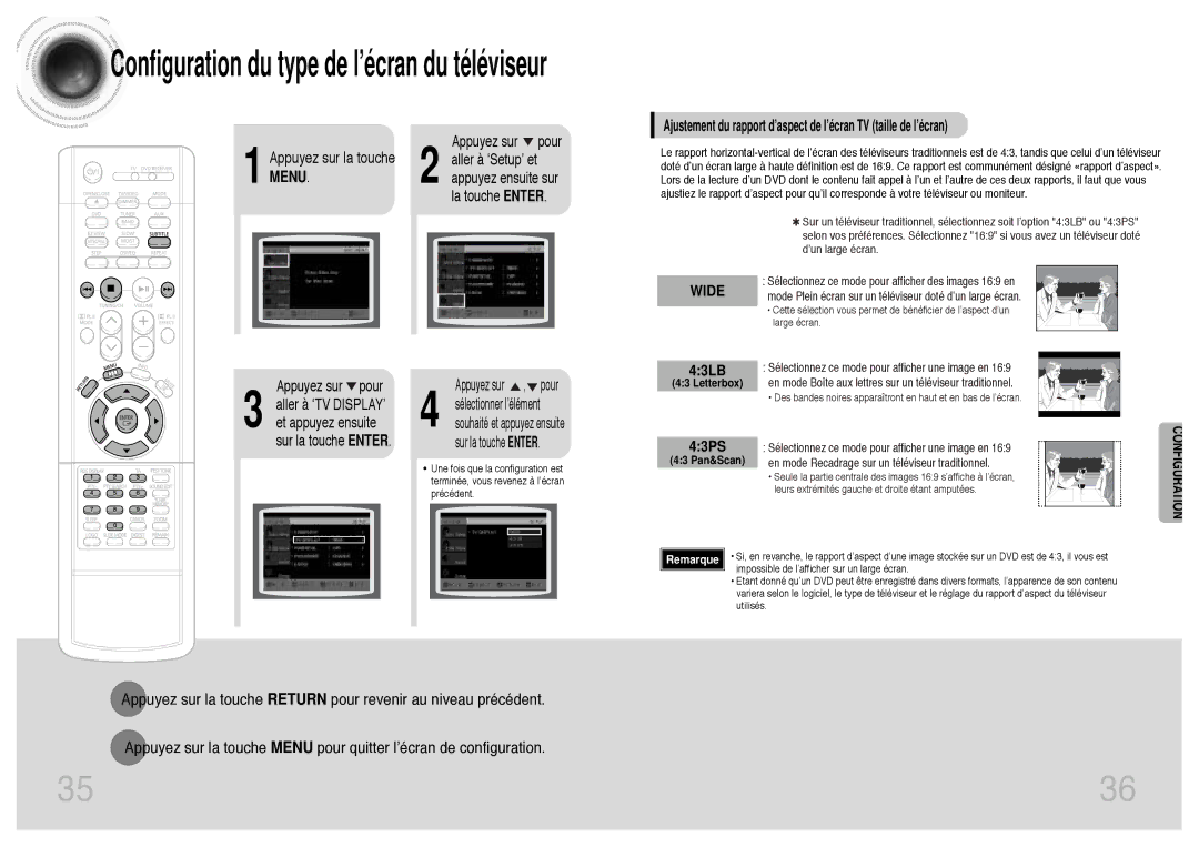 Samsung HTDB300RH/ELS manual Configuration du type de l’écran du téléviseur, Appuyez sur la touche, Menu, 43LB, 43PS 