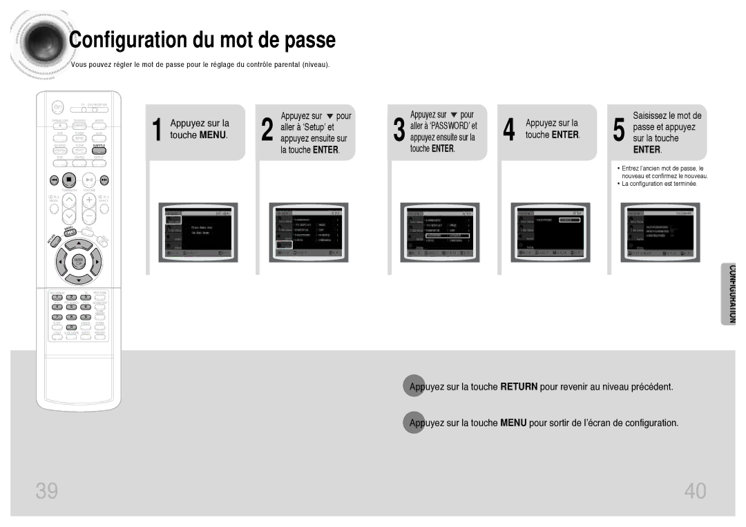 Samsung HTDB300RH/ELS manual Configuration du mot de passe, Saisissez le mot de Passe et appuyez sur la touche 