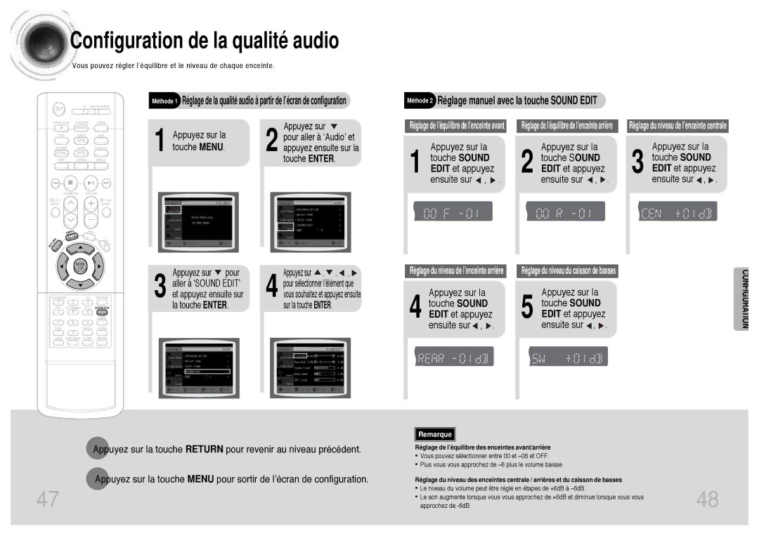 Samsung HTDB300RH/ELS manual Configuration de la qualité audio, Appuyez sur la Touche Sound Edit et appuyez ensuite sur 