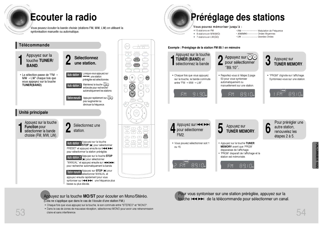 Samsung HTDB300RH Ecouter la radio, Préréglage des stations, Télécommande, Sélectionnez une station, Unité principale 