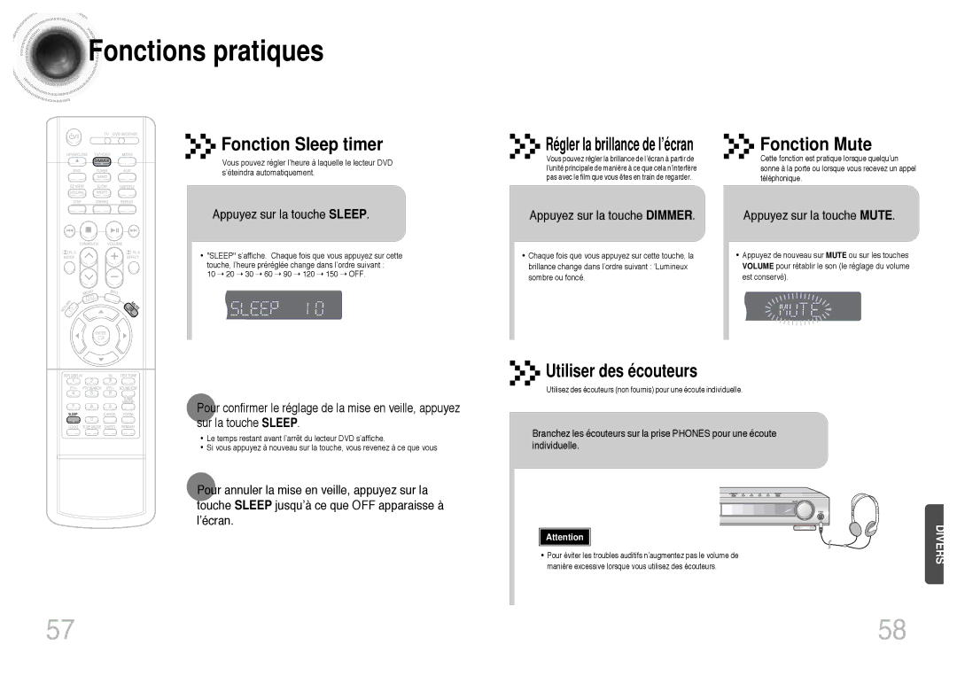 Samsung HTDB300RH/ELS manual Fonctions pratiques, Fonction Sleep timer, Fonction Mute, Régler la brillance de l’écran 