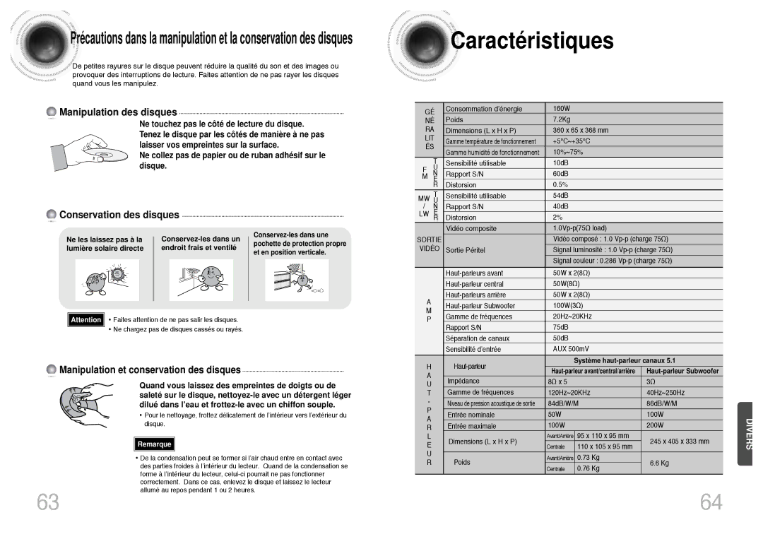 Samsung HTDB300RH/ELS manual Manipulation et conservation des disques, Ne les laissez pas à la Conservez-les dans un 