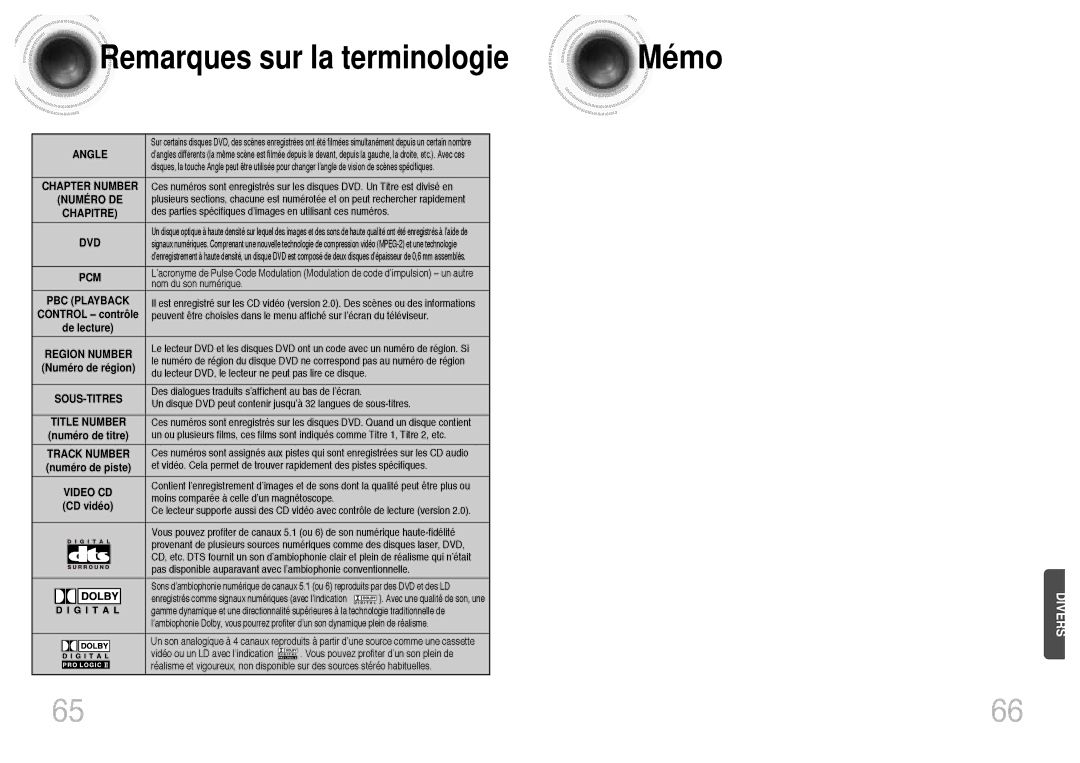 Samsung HTDB300RH/ELS manual Mémo, Remarques sur la terminologie 