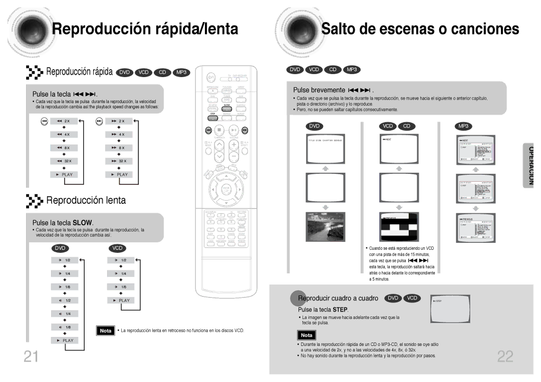 Samsung HTDB300RH/EDC, HT-DB300 manual Reproducción rápida/lenta, Salto de escenas o canciones 