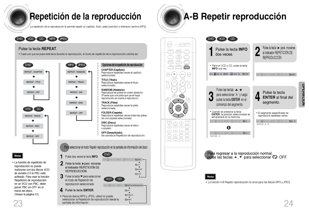 Samsung HT-DB300 manual Repetir reproducción, Pulse la tecla Repeat, Pulse la tecla Info dos veces, Pulse la tecla Enter 