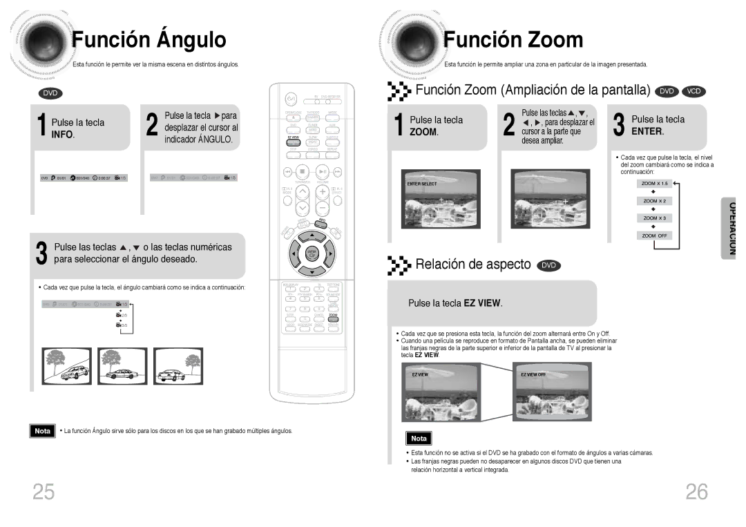 Samsung HTDB300RH/EDC, HT-DB300 manual Función Ángulo, Función Zoom 