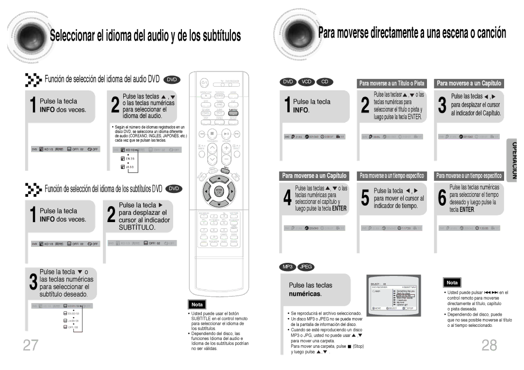 Samsung HT-DB300 1Pulse la tecla Info dos veces, Pulse la tecla Para desplazar el cursor al indicador, Pulse la tecla o 