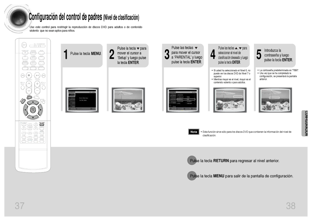 Samsung HTDB300RH/EDC manual Pulse las teclas, Para mover el cursor, ‘PARENTAL’ y luego, Introduzca la, Contraseña y luego 