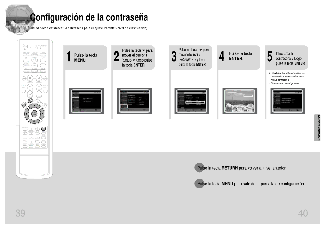 Samsung HT-DB300, HTDB300RH/EDC manual Configuración de la contraseña, Introduzca la contraseña y luego pulse la tecla Enter 